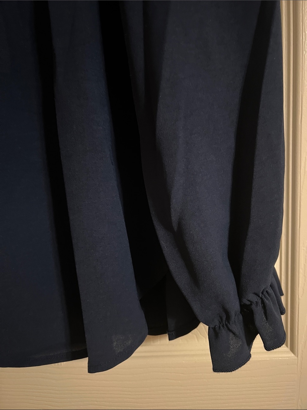 Pleated Navy Button-Front Blouse with Ruffle Collar - Picture 3 of 5